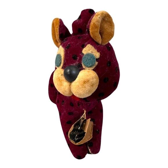 Vintage Handmade Fancy Animal Japan Plush Toy With Tag Maroon Yellow Leopard Cat - Picture 2 of 8